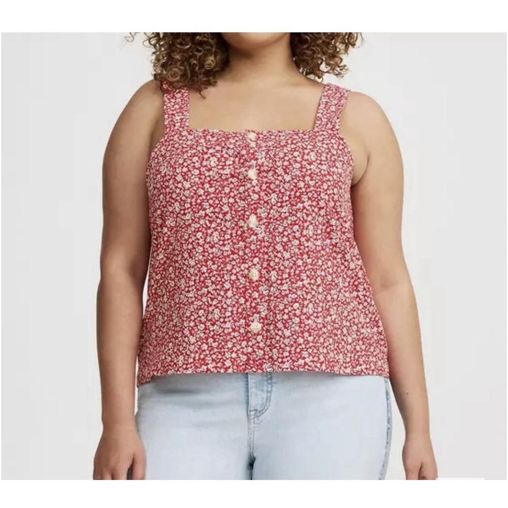 Torrid Beach Linen Tank Top Sz 2X Red Ditsy Floral Crop Square Neck NWT Cotton